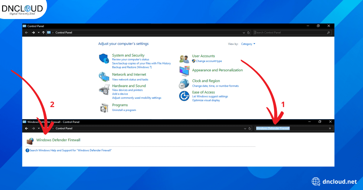 Gõ Control Panel vào ô tìm kiếm và chọn Control Panel từ kết quả tìm kiếm > Tiếp theo, chọn Windows Defender Firewall.